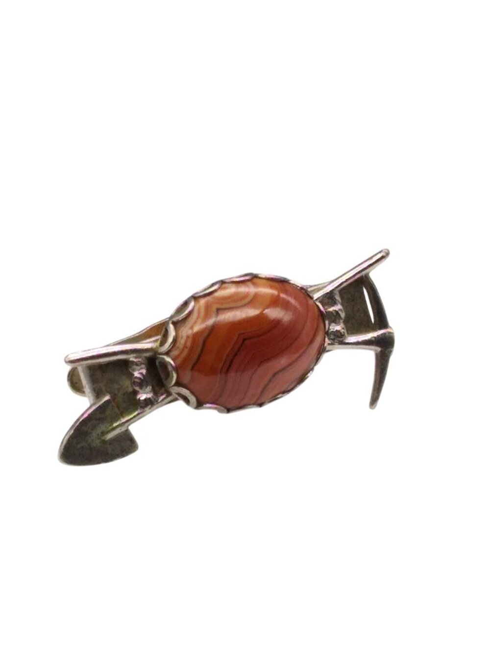 Vintage Miner Tie Clip, Banded Agate Cabochon with Silver Tone Crossed Pick Axe
